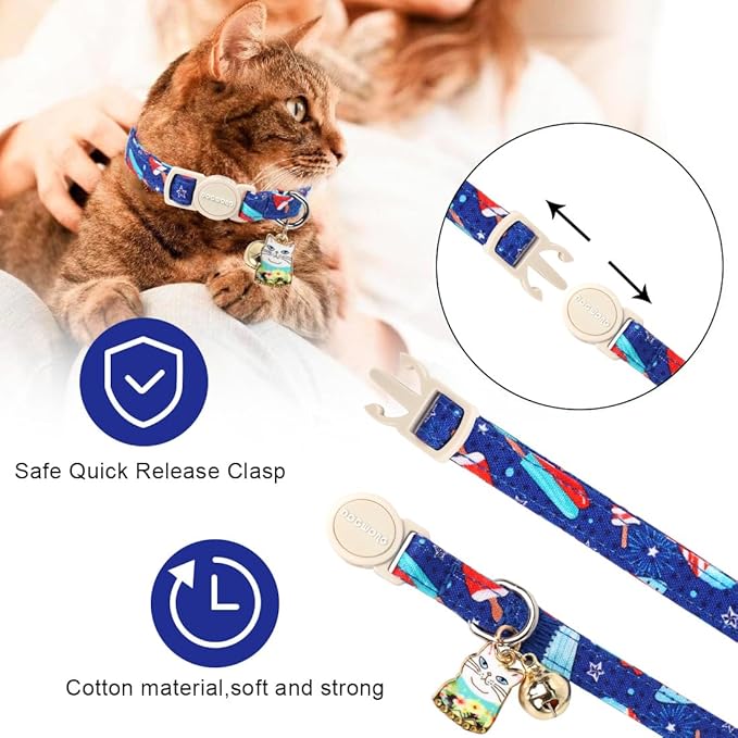 Cat Collar,2 Pack 4th og July Cat Collars Breakaway with Bell, DOGWONG Safety Buckle Cat Collar for Girl Boy Cats and Small Dogs，Adjustable 7-12 Inch,Pet Supplies Accessories