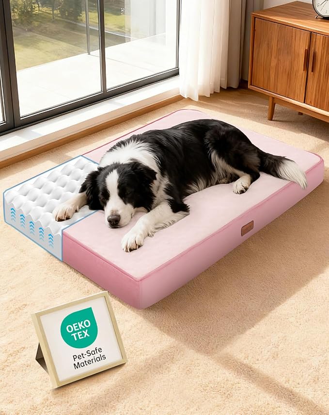 OhGeni Orthopedic Waterproof Dog Bed for Medium Large Dogs, Machine-Washable Removable Cover in Easy-Clean Fabric, High Density Foam & Easy-Carry Handle, Wider and Larger, 36 inch (Pink)