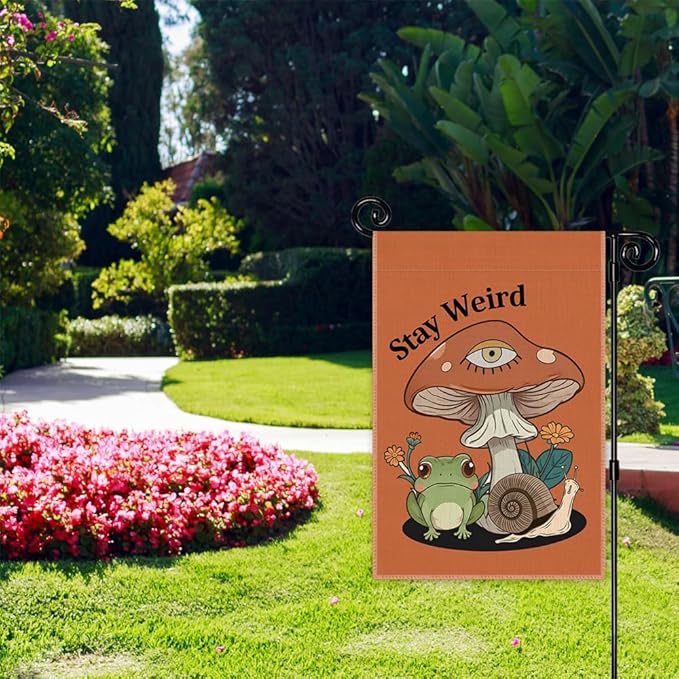 Stay Weird Garden Flag, Funny Frog Mushrooms Summer Yard Flag for Outside, Double Sided Yard Outdoor Farmhouse Lawn Porch Garden Banner, Housewarming Gifts for Frog Lover Friend Family Neighbor