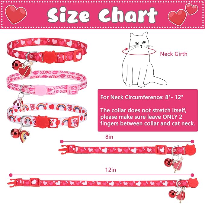 Breakaway Cat Collars with Bell & Cute Pendants, 3 Pack Safety Buckle Kitten Collars, Adjustable Pet Collar Ideal for Girl Boy Cats Puppy (Love Heart)