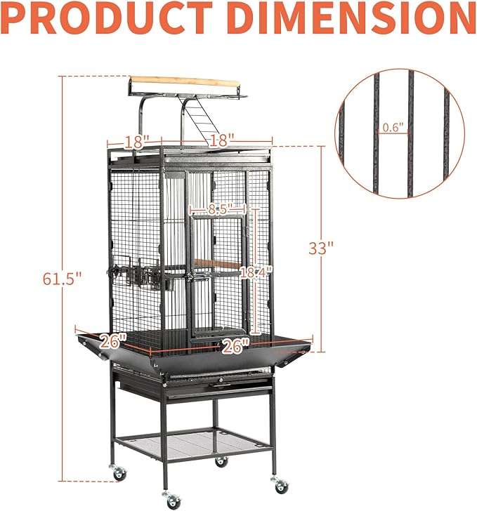 VINGLI Bird Cage with Rolling Stand for Parrots, Cockatiels, Budgies, Lovebirds, Small/Medium Birds (62“H with Play Top)