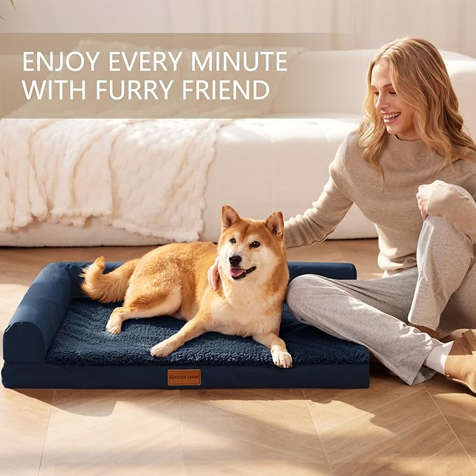 Patas Lague Orthopedic Dog Bed Medium Size Dog 30''X20'', Waterproof L Bolster Medium Pet Sofa Beds with Removable Washable Cover, Soft Comfortable Pet Couch Crate Mat with Nonskid Bottom, Navy Blue