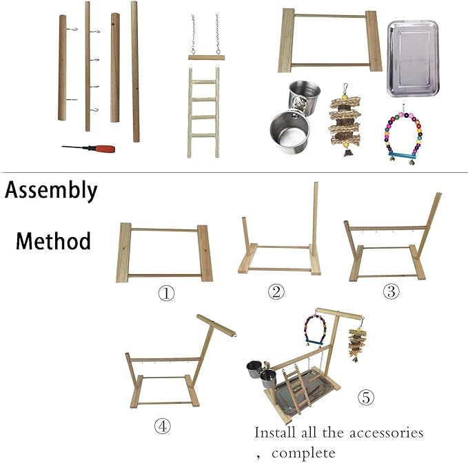 Hamiledyi Parrot Playground Bird Play Stand Play Gym with Feeder Cups,Swings, Ladder and Tray, Wood Parakeet Playground Outside Cage for Cockatiel Lovebird Budgie