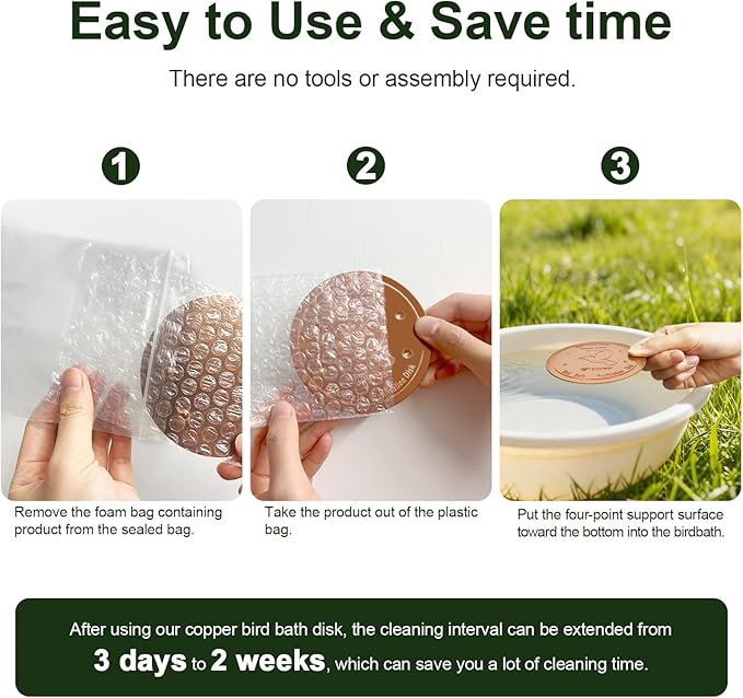 2-Pack Upgraded Bird Bath Copper Disks, 0.8mm Reinforced 99.99% Pure Copper Cleaning Disks, 4-Point Support&Concave Base for Physical Safe Clean Water, Outdoor All-Season Fit Birdbaths&Bowls