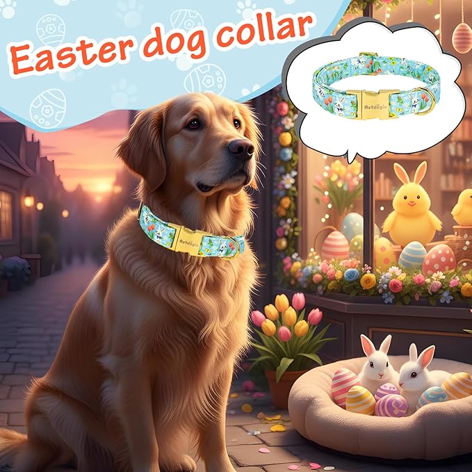 Easter Dog Collar for Small Dogs, Easter & Spring Theme Small Dog Collar with Cute White Bunny Pattern, Adjustable Blue Easter Dog Collars Girl Boy Collar for Dogs -S