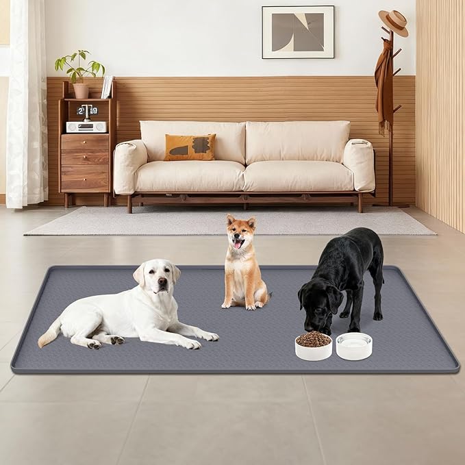 Lanstics Dog Food Mat, 51" x 26" Large Silicone Mat Dog Feeding Mat with Raised Edge Non-Slip Pet Feeding Mat for Food and Water Bowl, Easy to Clean, Floor Protection (Gray)