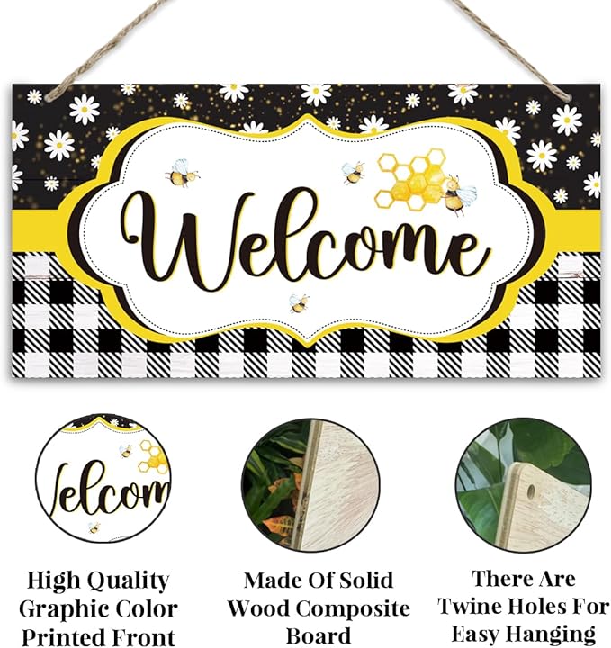 Daisy and Bee Welcome Sign, Rustic Daisy Summer Welcome Sign for Front Door, Farmhouse Home Porch Garden Yard Decor, Rustic Contemporary Farmhouse Wall Decor