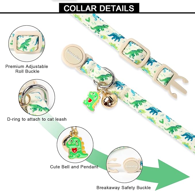 Lionet Paws 2pcs Pack Cotton Cat Collars,Breakaway Buckle with Floral and Dinosaur Pattern， Cute Adjustable Cat Flower Collar