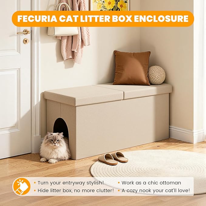 3-in-1 Cat Litter Box Enclosure with Odor Control, Multi-Functional Hidden Litter Box Furniture Bench, Dog Proof, Space-Saving Ottoman Cabinet with Flip-Up Lid, Storage Footrest, Beige