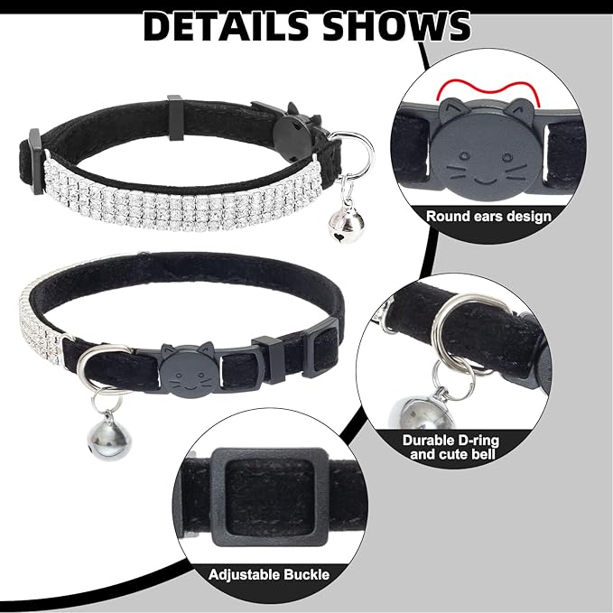 EXPAWLORER Soft Velvet Safe Cat Collars for Girl Cats - Rhinestones Bling Diamante Adjustable Collars Breakaway- Chirstmas Cat Clollar Gifts with Bells for Boy Cats Kitty and Small Dogs