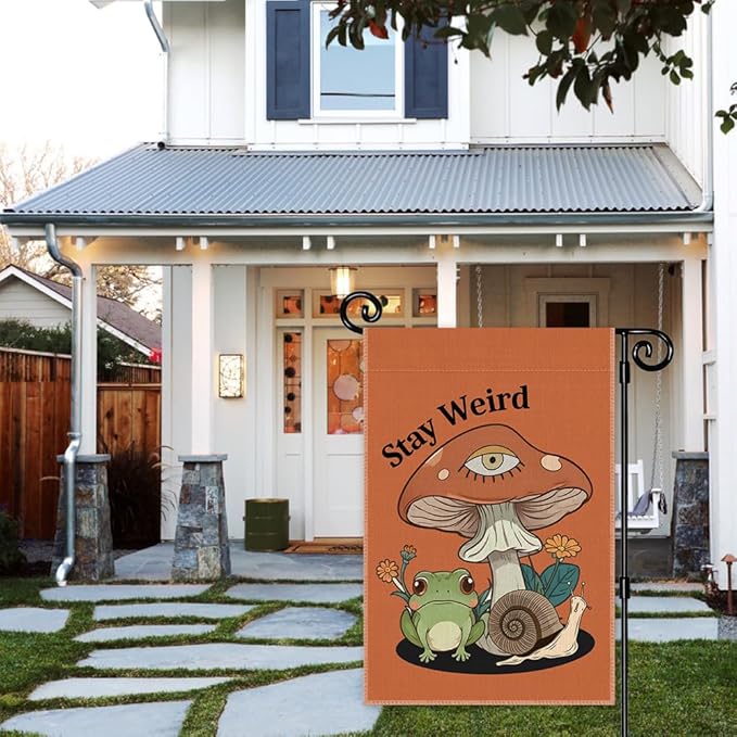 Stay Weird Garden Flag, Funny Frog Mushrooms Summer Yard Flag for Outside, Double Sided Yard Outdoor Farmhouse Lawn Porch Garden Banner, Housewarming Gifts for Frog Lover Friend Family Neighbor
