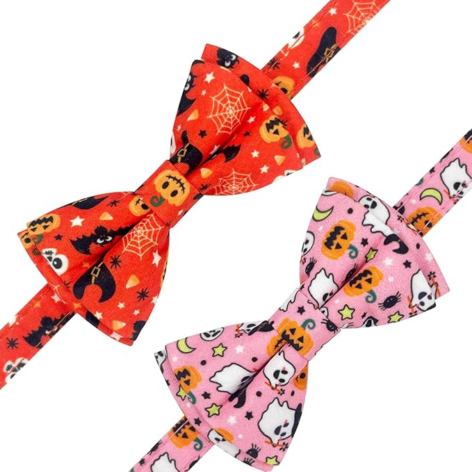 2 Pack Halloween Breakaway Cat Collar with Bow Tie and Bell for Boy Girl Cats,Cute Cotton Kitten Collar with Pink Ghost and Orange Pumpkin Pattern for Female Male Cats (Pink Ghost&Pumpkin)