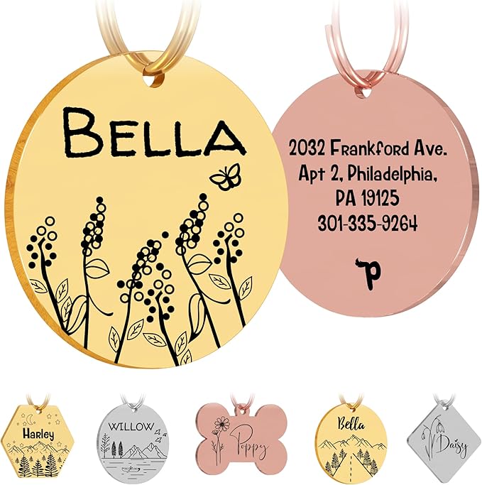 PawFurEver Custom Engraved Pet ID Tag – Personalized Dog Name Tag for Dogs and Cats, Stainless Steel Collar Accessory with Cute Designs for pet Name Tags (Circle, Gold)