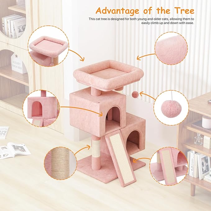 34'' Small Cat Tree with 2 Condos, Sisal Scratching Posts & Board, Multi-Level Climbing Tower for Indoor Cats, Sturdy Light Grey Cat Activity Center - Soft Pink