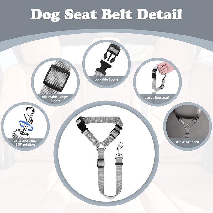 BWOGUE Pet Dog Cat Seat Belts, Car Headrest Restraint Adjustable Safety Leads Vehicle Seatbelt Harness (1 Pack, Grey, Not Elastic)