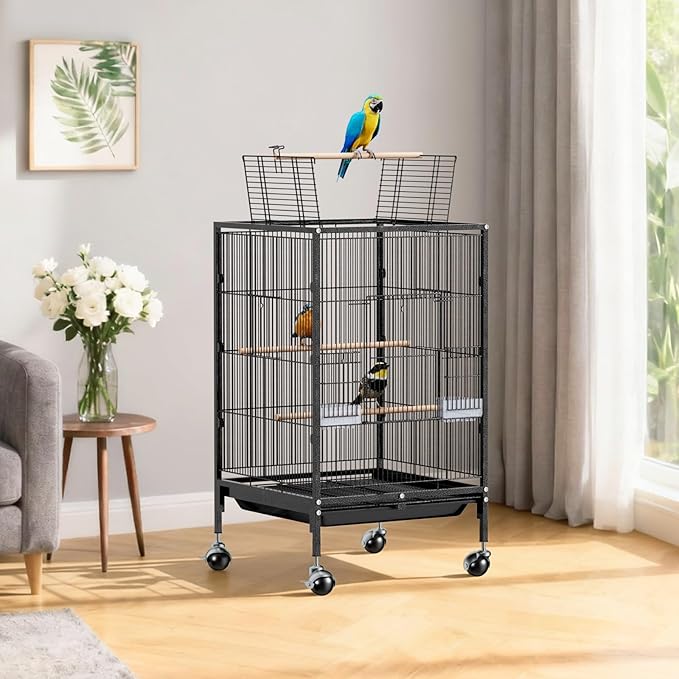 VINGLI Bird Cage with Wheels, Durable Wrought Iron Parakeet Cage with Slide Out Tray, Black Bird Cages for Parakeets/Lovebird/Cockatiels/Budgies and Other Small/Medium Birds (Medium-38 inch)