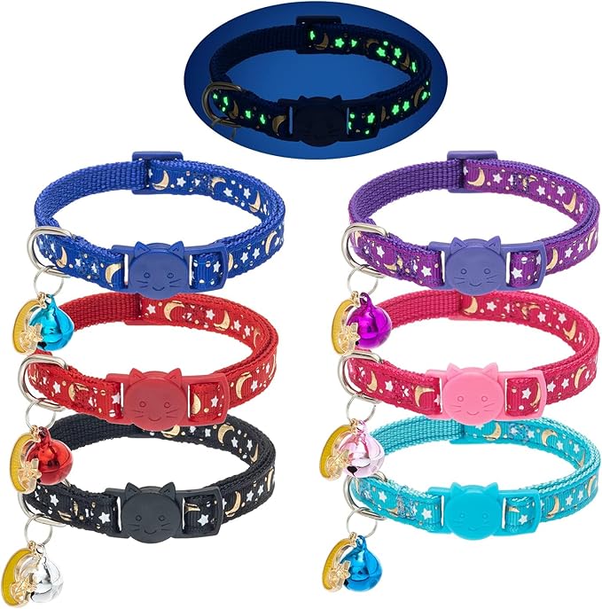 KOOLTAIL Cat Collar Breakaway with Bells - 6 Pack Glow in The Dark - Stars & Moon Charm Pendent Pet Reflective Collars Ideal for Kitten Cats Puppy