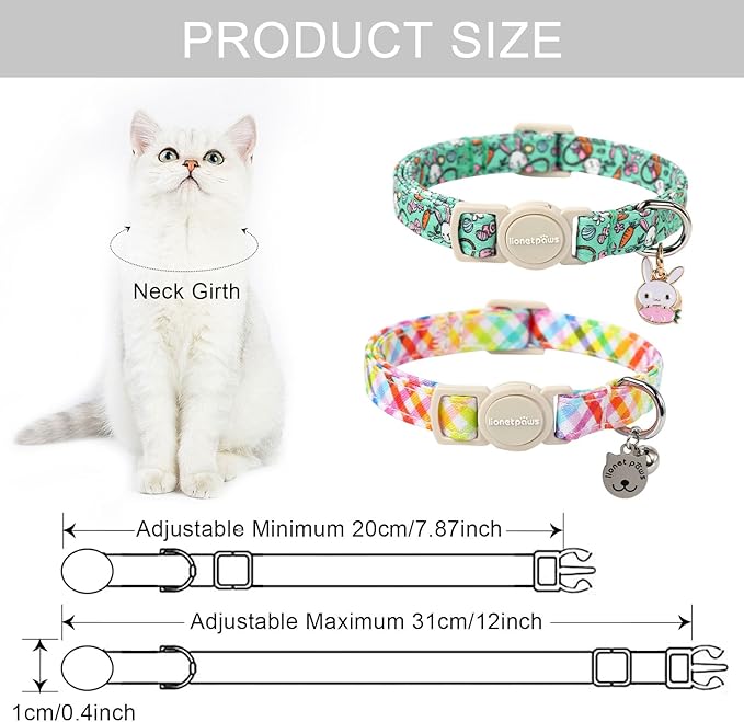 Lionet Paws 2pcs Pack Easter Cotton Cat Collar,Breakaway Buckle with Rabbit and Colorful Eggs Cute Adjustable Green Cat Kitten Collar,Ideal for Girl Cats Boy Cats