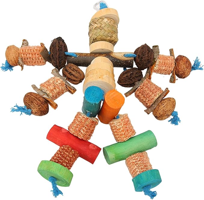 Parrot Chew Toy, Wood, Corn Cob and Nut, Non Edible Coloring, Beak Health, Foraging Toy for Macaws, Conures, Amazons