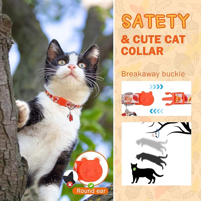 SCENEREAL Fall Cat Collar Breakaway with Bell and Bowtie, 2 Pack Cute Holiday Cat Collars, Adjustable Kitten Collar, Safety Buckle Collar for Girls Boys Cats Dogs Pets, White Green