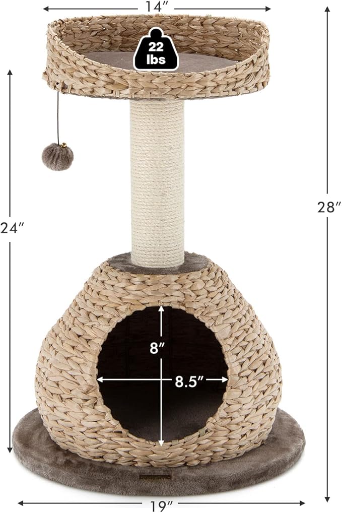 PETSITE Modern Cat Tree Tower, Paper Rope Natural Bowl Shaped with Perch, Scratching Post, Rattan Cat Activity Tree for Kittens, 28" Tall
