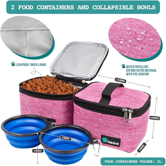PetAmi Dog Travel Bag - Travel Pet Organizer with Food Container and Bowls, Perfect for Weekend Camping or Gifting - Pink, Medium