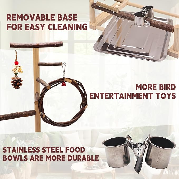 ‌Bird Playground, Natural Wooden Parrot Stand with Feeding Cups, Swing, Chew Toys, and Other Cage Accessories for Small to Medium Birds.Ideal for Cockatiels, Budgies, African Greys, and Conures