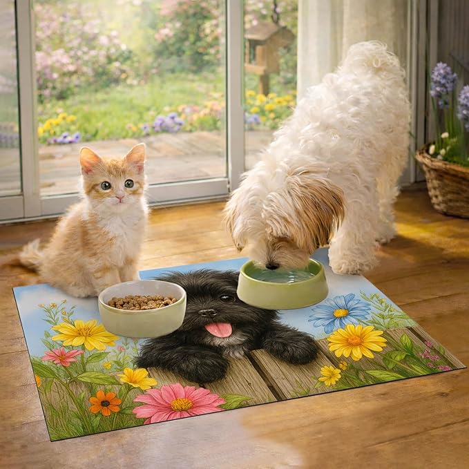 Spring Pet Feeding Mat 24" x 16"Puppy and Butterfly Floral Garden Design Non Slip Cat and Dog Bowl Mat Easy Clean Pet Food Mat Pet Placemat for Dog and Cat Feeding Area Kitchen Floor Decor