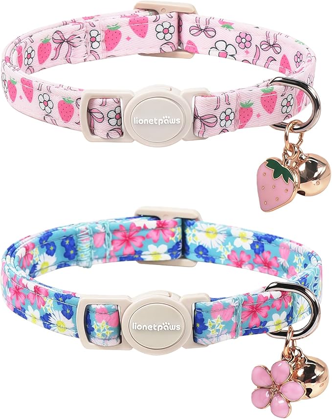 Lionet Paws 2pcs Pack Cotton Cat Collar,Breakaway Buckle with Floral Strawberry Bow and Flower Pendant Cute Adjustable Cat Kitten Collar,Ideal for Girl Cats