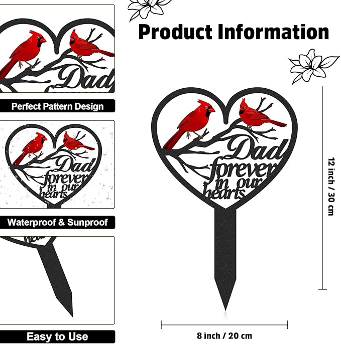 Dad Grave Decorations for Cemetery, Metal Sympathy Memorial Stakes for Loss of Father, Cardinal Cemetery Decorations for Grave Outdoors Yard Garden(12 X 7.5 Inches)