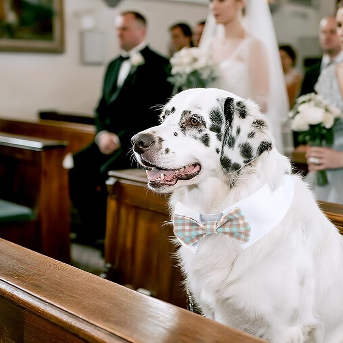 Segarty Dog Bow Tie Neck Girth 16.5-21.2in, Adjustable Blue Khaki Plaid Bowtie Collar for Extra Large Dogs, Pet Necktie Tuxedo Comfortable Cotton Grooming Accessory for Formal Wedding Holiday Birthday