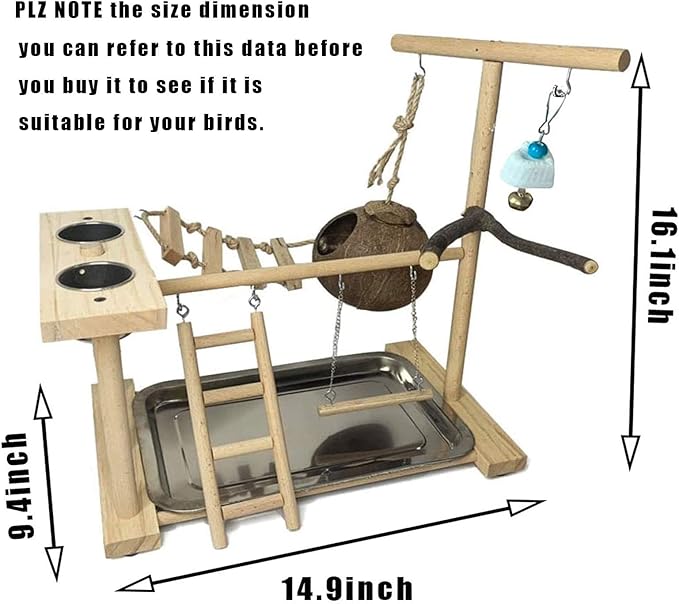 Parakeet Playground Bird Play Stand Natural Wood Perch Gym Parrots Nest Climb Swing Ladders with Feeder Cups Lovebirds Cage Accessories Toy Exercise Activity for Conure Cockatiel Lovebirds