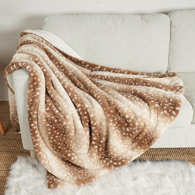Luxury Faux Fur Blanket Deer Print, Waterproof Pet Blanket Washable, Woman Sofa Bed Couch Throw, Liquid Pee Proof for Large Dog or Cat, Reversible, Super Soft, 50x60 inch, Brown