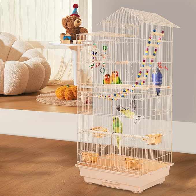FDW 39 Inch Bird Cage Parakeet Cage with Play Top Rolling Stand & Easy Clean Pull-Out Tray Roof Top Parrot Cage for for Finches Canaries Parakeets Cockatiels & Other Small Birds, Almond