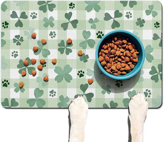 St Patricks Day Dog Food & Water Mat, Green Shamrocks Paw Prints Clover Pet Feeding Mat for Floor Non-Slip Waterproof, Super Absorbent Cat Bowl Mat, Easy to Clean Pet Placemat,16" × 24"
