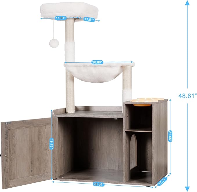 Hey-brother Cat Tree with XL Litter Box Enclosure, All-in-one Cat Tower for Indoor Cats with Large Hammock, Bed, Food Station, Scratching Posts, Modern Style Pet Furniture, Rustic Gray MPJ101SG