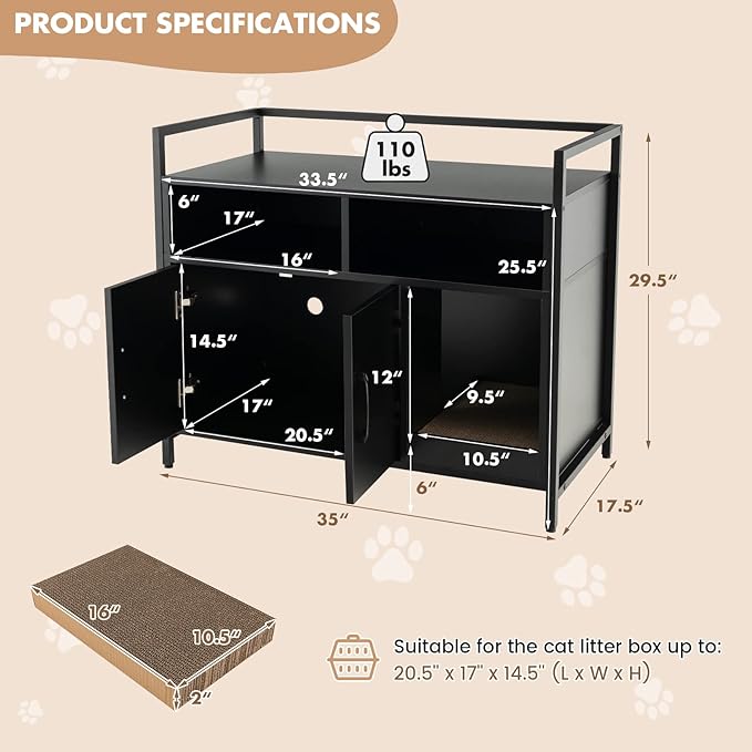 Giantex Cat Litter Box Enclosure - Cat Washroom Hidden Furniture with Front Entry, Scratcher, 2-Door Storage Cabinet, 2 Compartments, Air Vents, Metal Frame, Wooden Pet Crate House (Black)