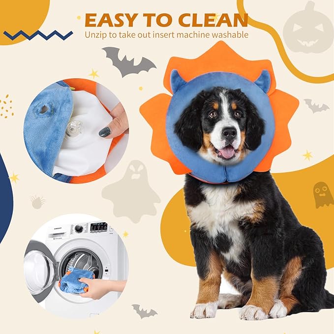IEUUMLER Inflatable Recovery Dog Collar, Protective Donut Cone, Adjustable Soft Collar for Dog and Cat After Surgery Prevent from Biting & Scratching EU002 - Blue Demon L+