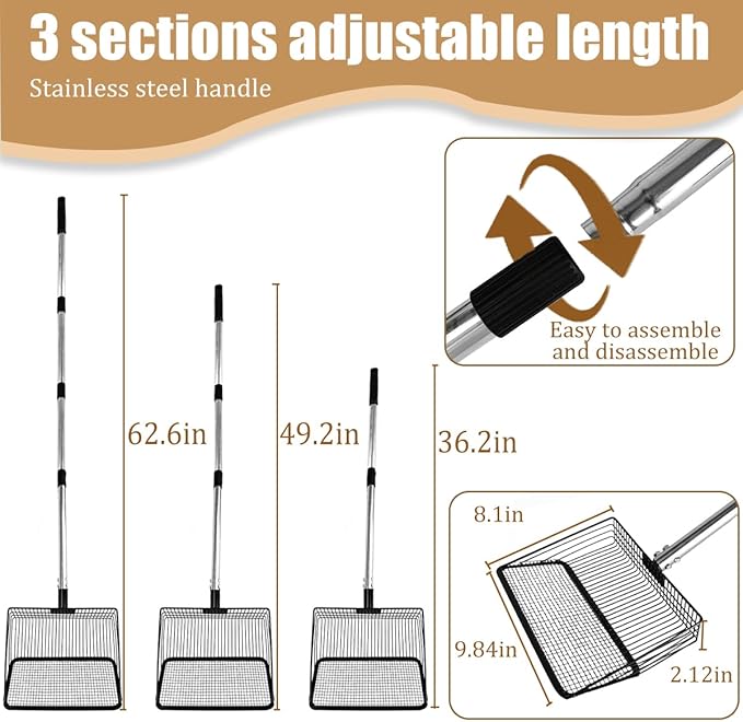 10inch Chicken Poop Scooper, Large Coop Litter Scoop with Stainless Steel Handle 4 in 1 Chicken Coop Pooper Shovel (36 to 63") Chicken Coop Accessories for Chicken Coop Cleaning