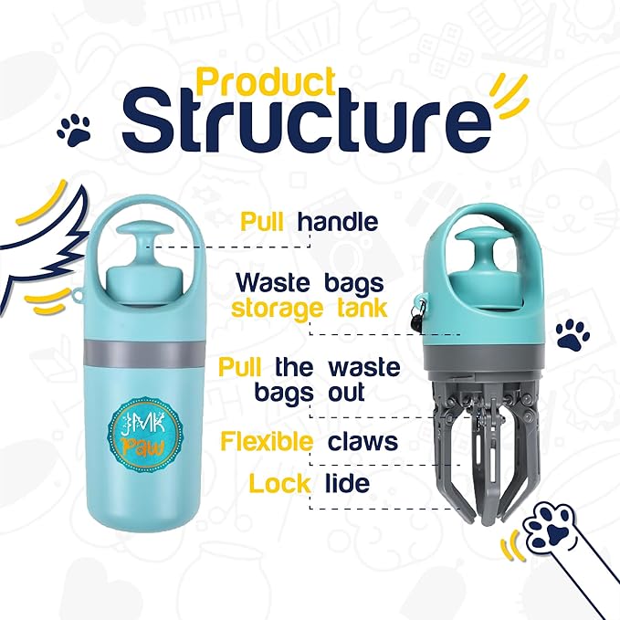 Pooper Scooper for Dog – Portable Dog Poop Holder with Waste Bag Pouch, Doggy Yard Trash Picker Upper, Small & Large Dogs Poop Scoop with Claw Pickup Tool, Travel Pet Accessories for Walking