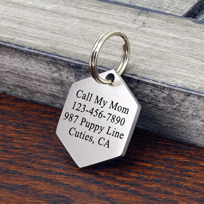 Ultra Joys Custom Personalized Hexagon Dog ID Tag - Brushed Stainless Steel Silver Large