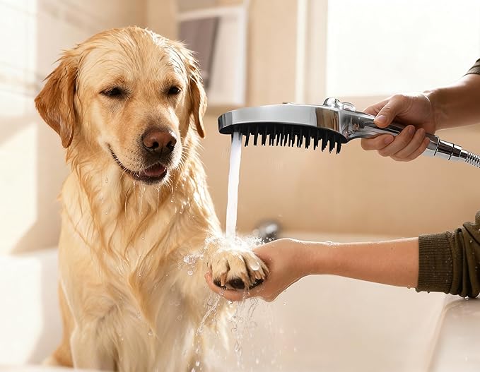 G-Promise 3 Mode Dog Shower Attachment with Pause Mode, Dog shower Sprayer with 78 Inches Stainless Steel Hose, Metal Diverter, Adhesive Holder, for Fast and Easy Dog Bathing and Cleaning(Chrome)