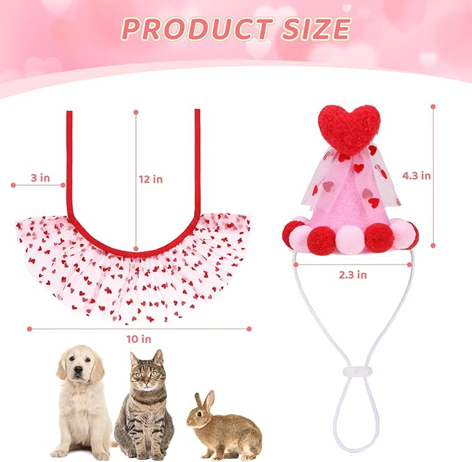 SCENEREAL Valentine's Day Cat Costume - Kitten Hat & Scarf Set, Pet Birthday Bandana Scarf Bib Holiday Outfit Party Accessories for Big Cats Puppy Small Dogs Animals