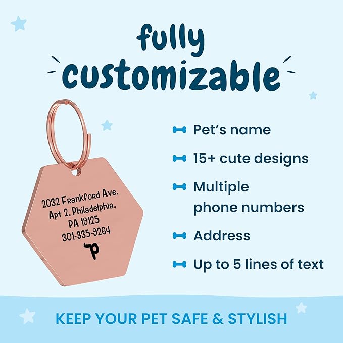 PawFurEver Custom Engraved Pet ID Tag – Personalized Dog Name Tag for Dogs and Cats, Stainless Steel Collar Accessory with Cute Designs for pet Name Tags (Hexagon, Rose)