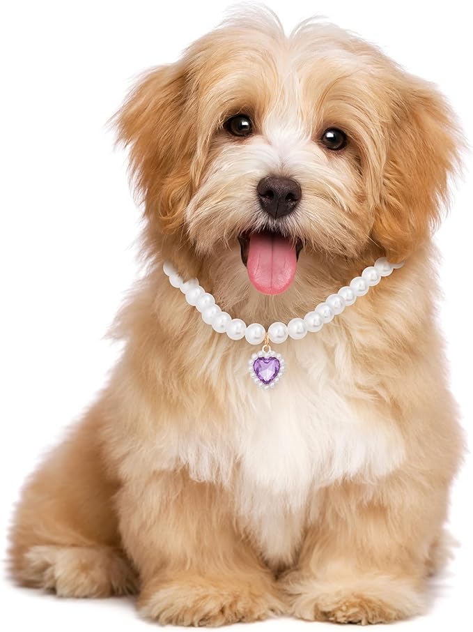 2pcs Cat Dog Pearl Collar, Small Heart Shape Rhinestone Pet Necklace, Adjustable Wedding Party Pet Jewelry Accessories for Puppy Small Cats- Purple & Red