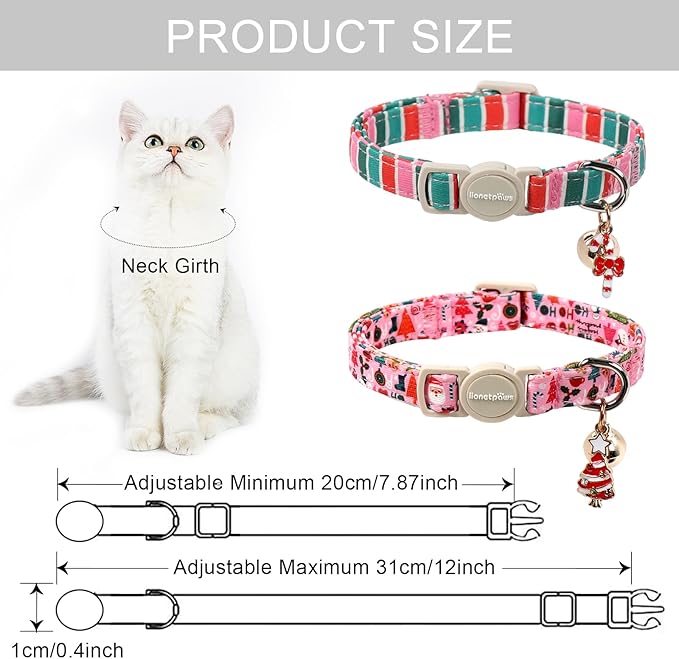 Lionet Paws 2pcs Pack Christmas Cat Collar,Ho Christmas Tree & Pink Stripes Cat Kitten Collars with Breakaway Buckle,Ideal for Girl Cats