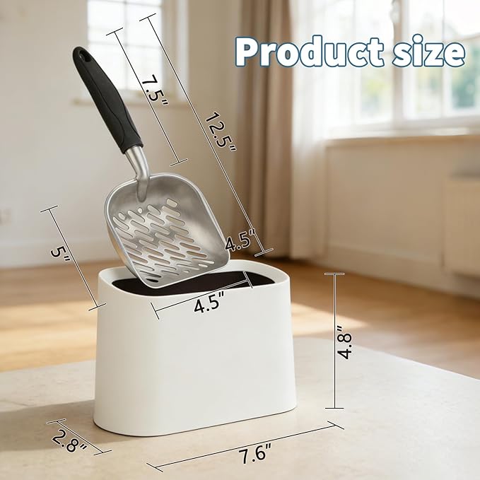 Heavy-Duty Cat Litter Scoop with Holder, Metal Cat Scooper and Detachable Trash Can,Aluminum Kitty Poop Shovel Captures All Clumps,Speed Sifter Litter Box Scooper and Caddy with Lid(White)