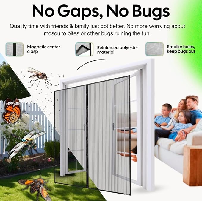 UnBugs Magnetic Screen Door - Fits Patio Door & Sliding Doors up to 72 x 80 Inches MAX - Pet & Kid Friendly, Self-Closing - Hands Free Magnet Closure Keeps Bugs Out & Breeze in