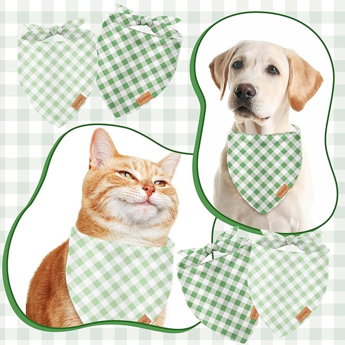 2Pcs Dog Bandanas Sage Green Plaid Triangle Pet Scarf Adjustable Puppy Neckerchief Dog Cat Bib for Spring Summer Medium Large Boy Girl Pet Costume Accessories
