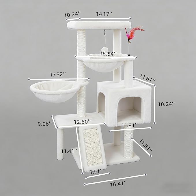 Cat Tree with Cat Condo and Two Hammocks, Cat Tree with Scratching Posts and Scratching Pads, Cat Tower for Indoor Cats, Activity Centre Climbing Tree with Playful Toy Balls, Beige